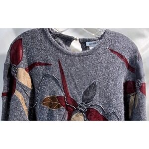 Angora‎ Blend Women Gray Embellished Leaf Floral Sweater Pullover Vintage  Large